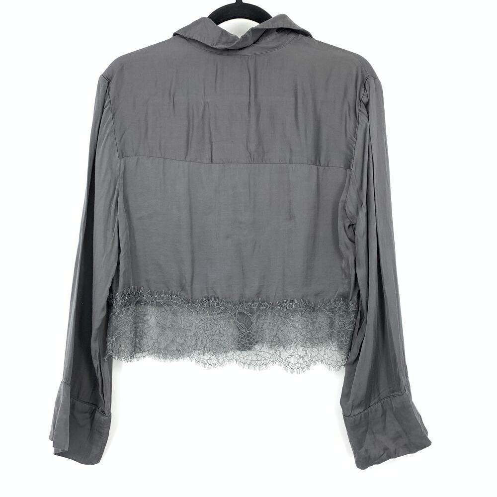 By Anthropologie Satin + Lace Pajama Set Cropped Top W/Shorts Gray Size Medium - Picture 9 of 13